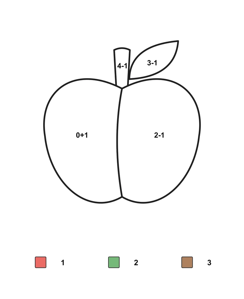 Apple with two body sections, a stem and leaf, arithmetic problems and a color key.