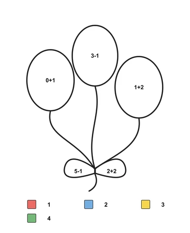 Three balloons tied with a two-part bow, with arithmetic problems and a color key.
