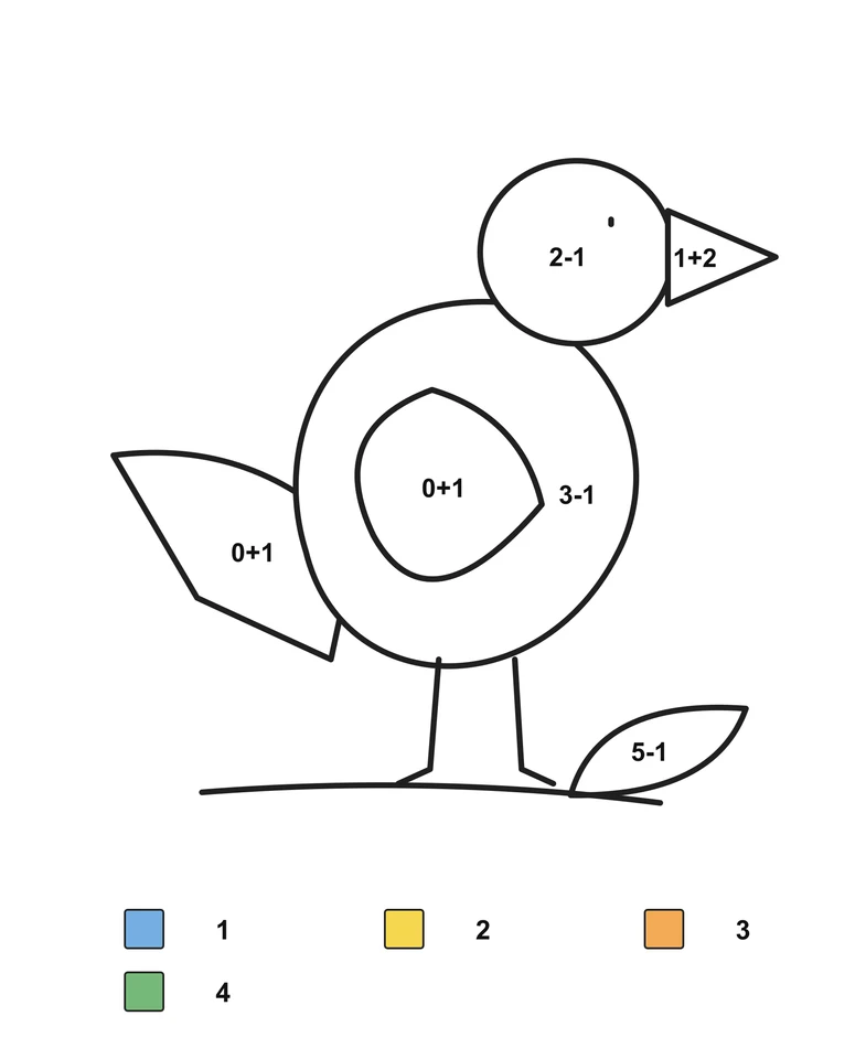 Bird on a leafy perch with six arithmetic problems and a color key.