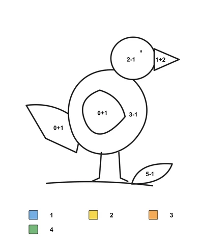 Bird on a leafy perch with six arithmetic problems and a color key.