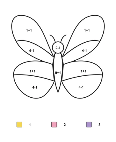 Butterfly with divided wings, ten arithmetic problems and a color key.