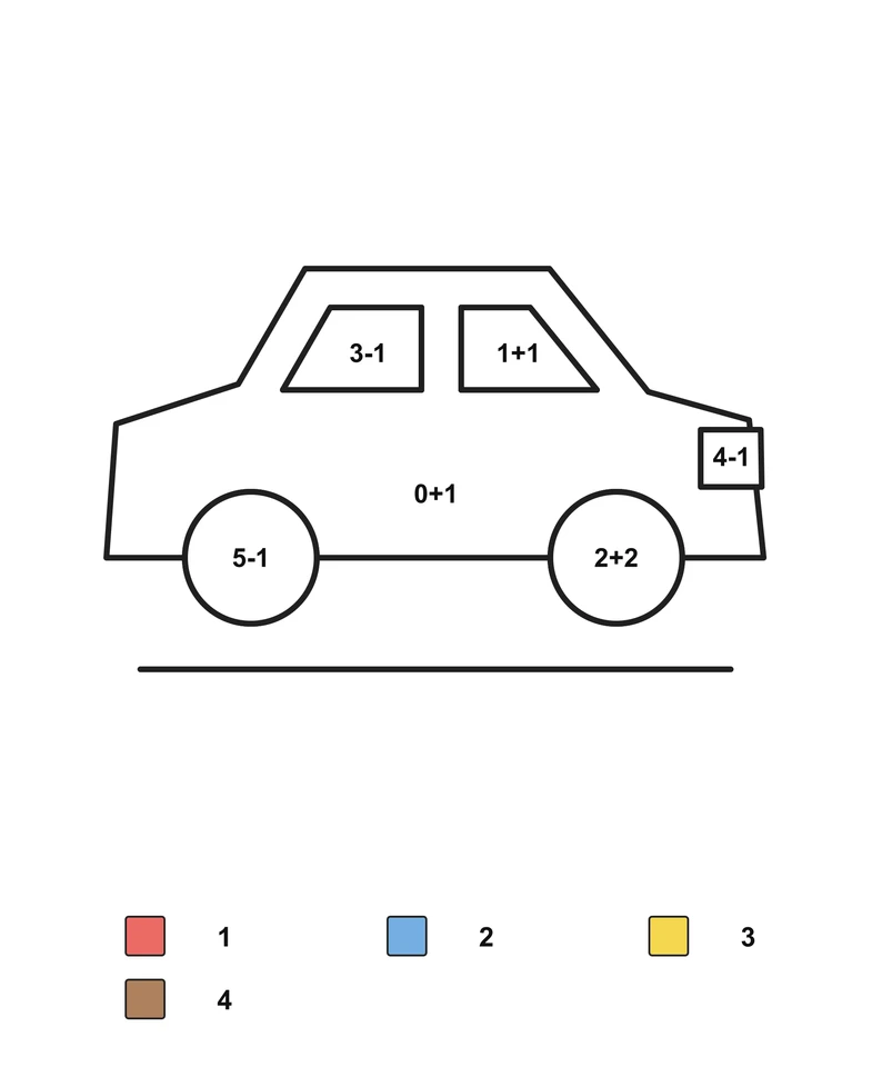 Side-view car with two windows, two wheels, arithmetic problems and a color key.