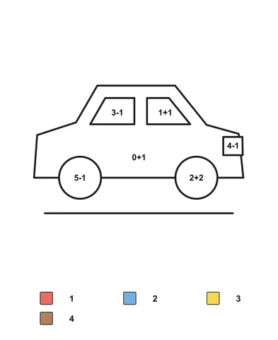 Side-view car with two windows, two wheels, arithmetic problems and a color key.