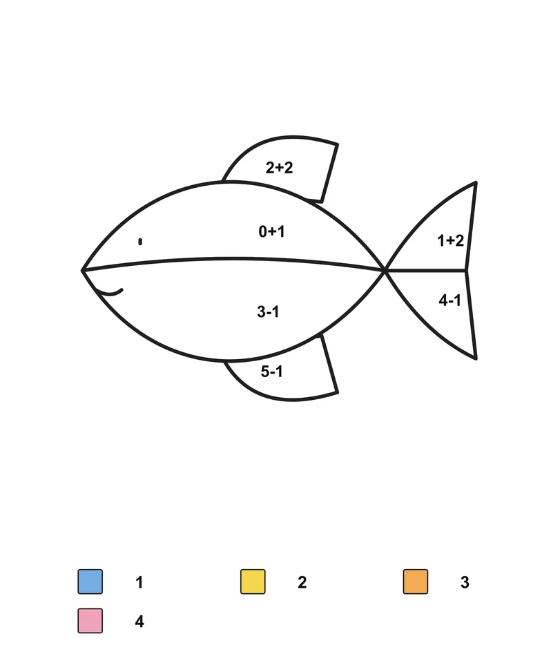 Fish with divided body and tail, two fins, arithmetic problems and a color key.