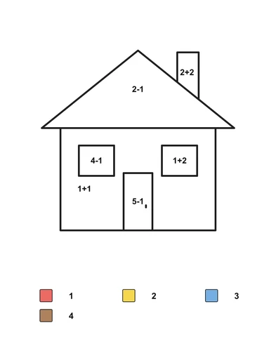 House with triangular roof, two windows, door and chimney, arithmetic problems and a color key.