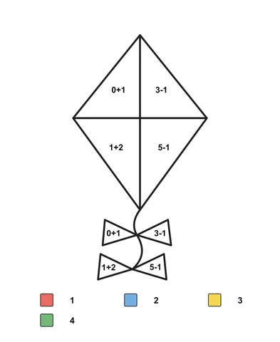Diamond-shaped kite and two tail bows with addition and subtraction problems and a color key.
