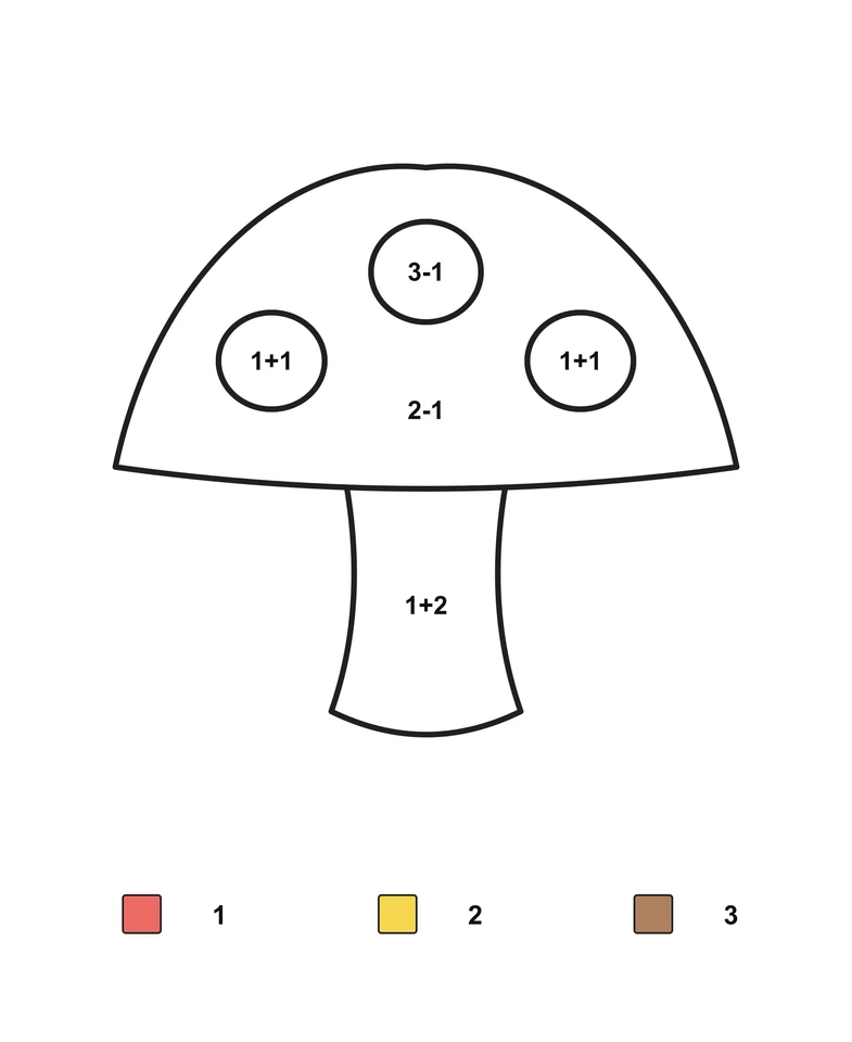 Broad-capped mushroom with three round spots, sums in the cap and stem, and a color key.