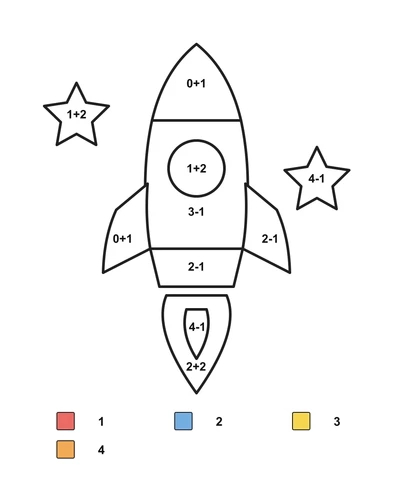 Rocket with a round window, flame and two stars, containing sums with a color key below.