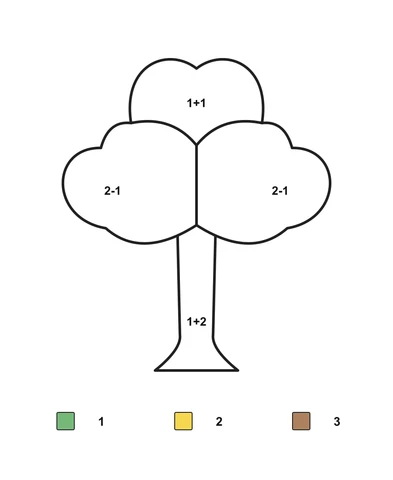 Tree with a three-part crown and long trunk, four math problems and a color key.