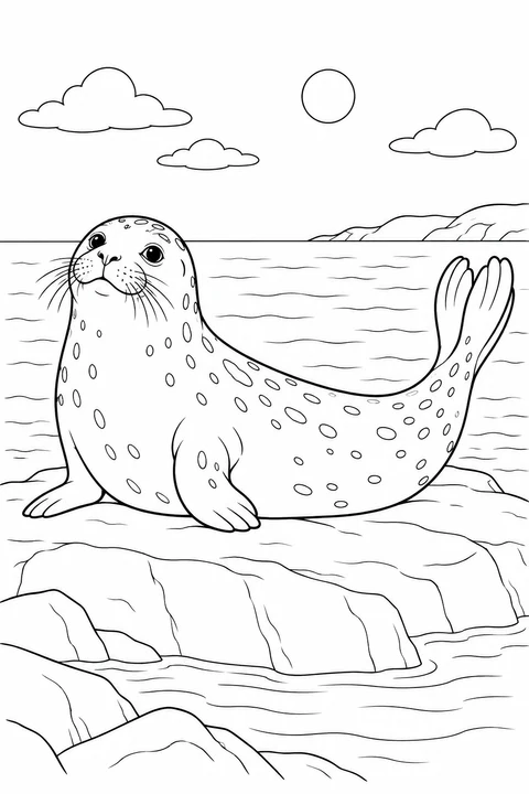 A spotted seal rests on a rock with its head and rear flippers lifted.