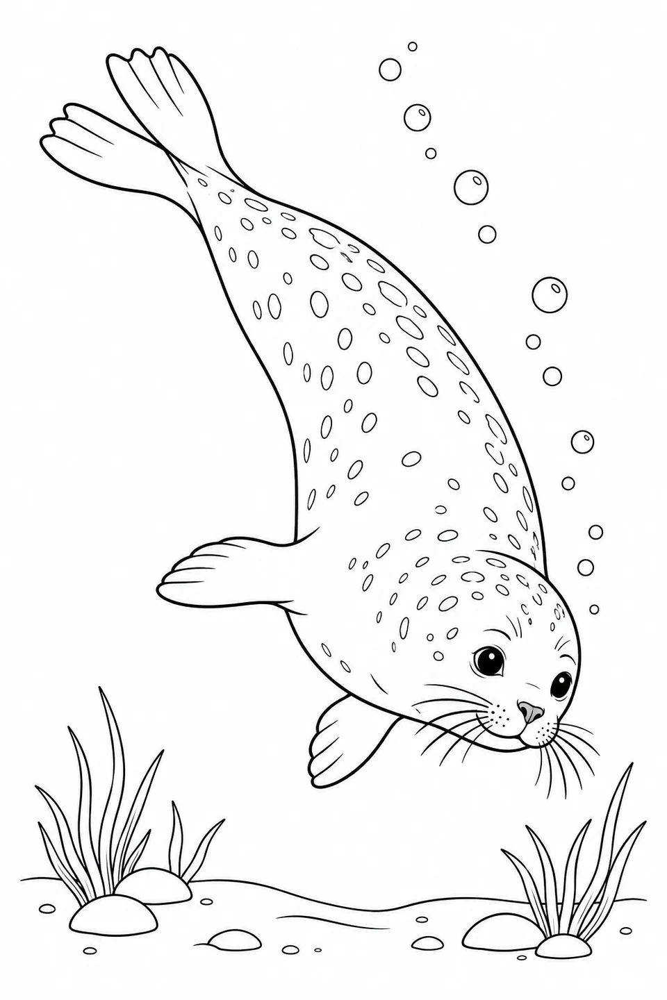A seal curves its body downward to dive, with bubbles and sparse seagrass below.