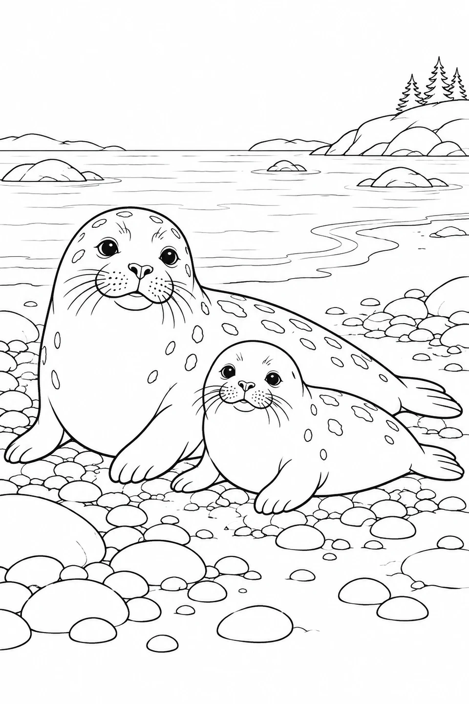 大きなアザラシと小さなアザラシが、小石の浜辺で並んで休んでいます。