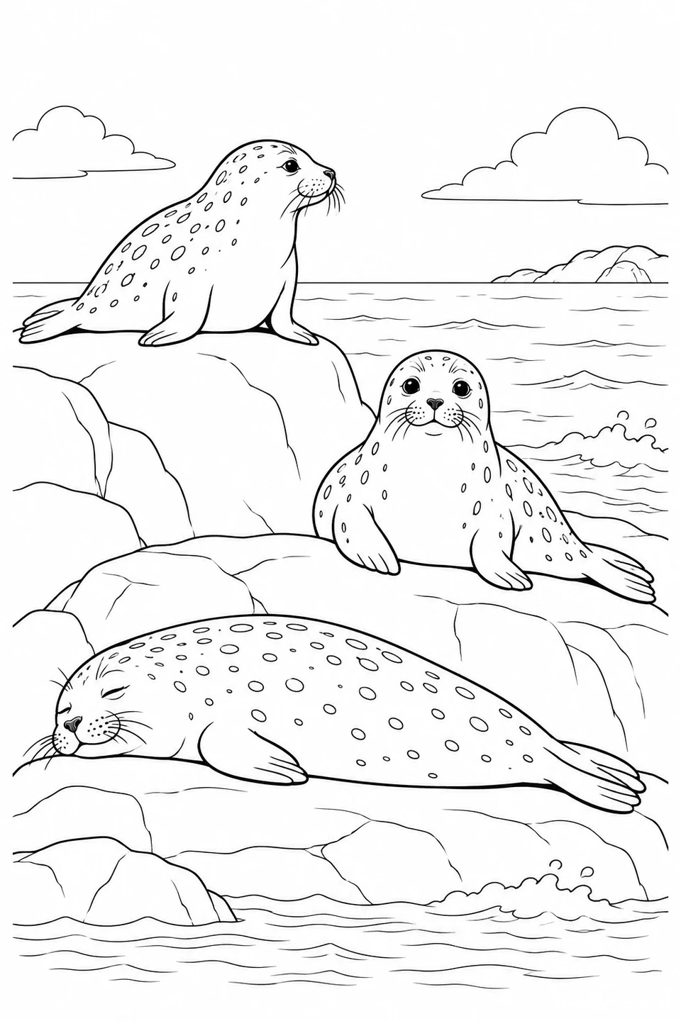 Three seals rest on low coastal rocks in different poses beside gentle waves.