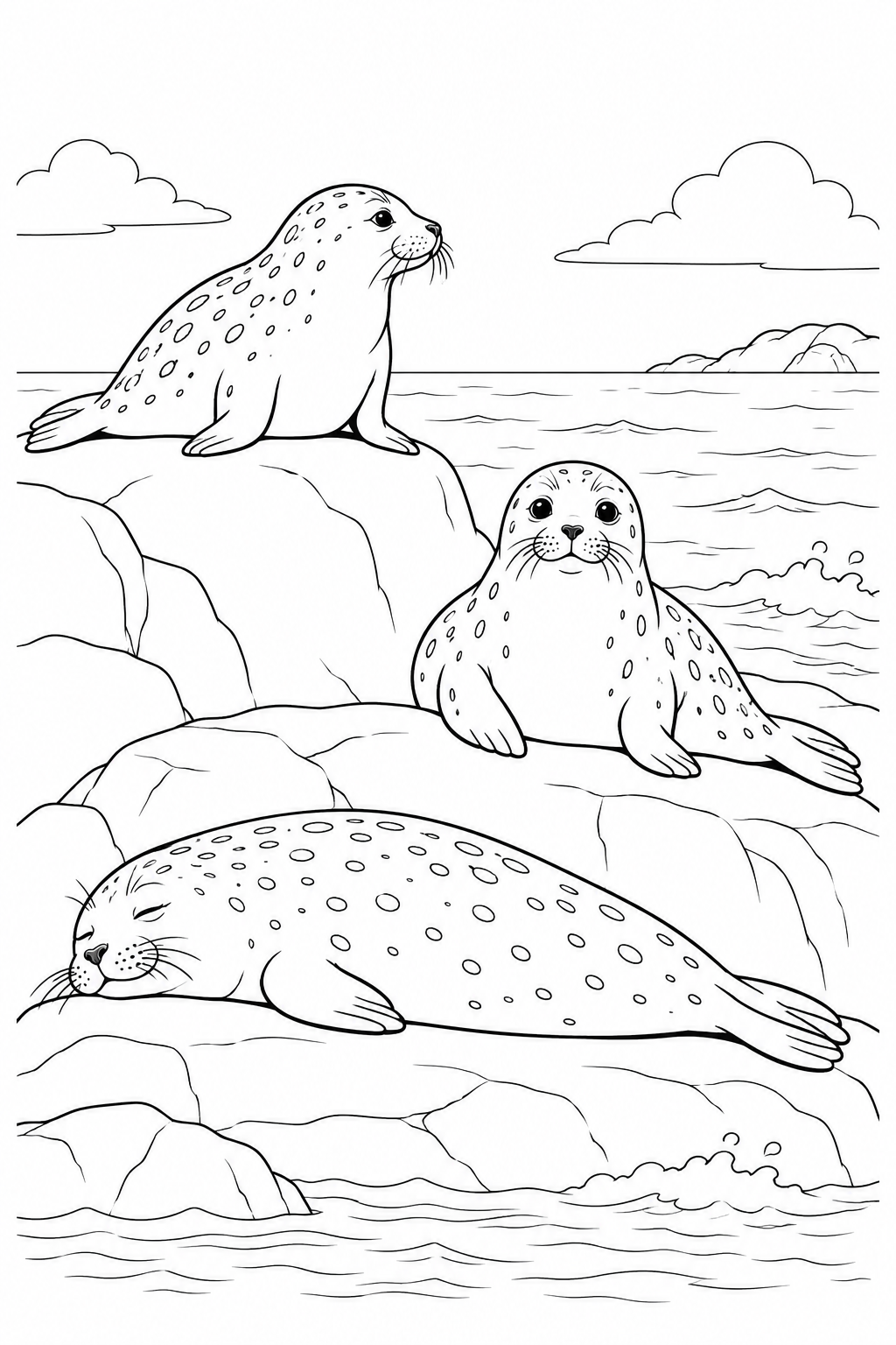 Three seals rest on low coastal rocks in different poses beside gentle waves.