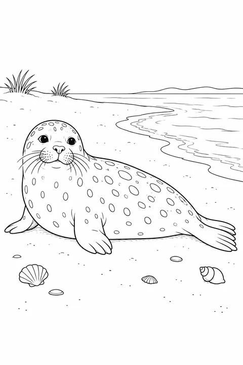 A seal rests on a sandy cove beside shallow water, shells and a few coastal plants.