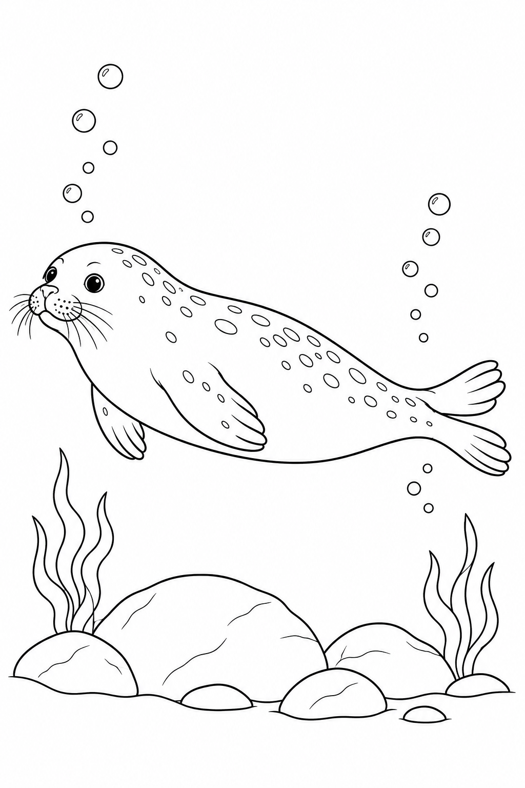 Eine Robbe schwimmt seitlich über runden Steinen unter Wasser, umgeben von einigen Blasen.