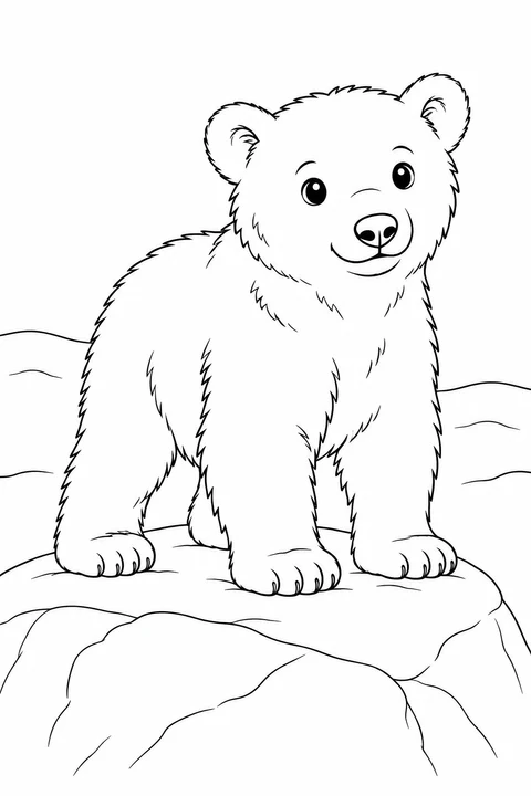 A small polar bear stands on a rounded rock beside a snowbank.