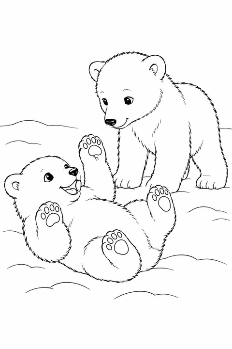Two polar bears play in the snow; the smaller one lies on its back with all four paws raised.