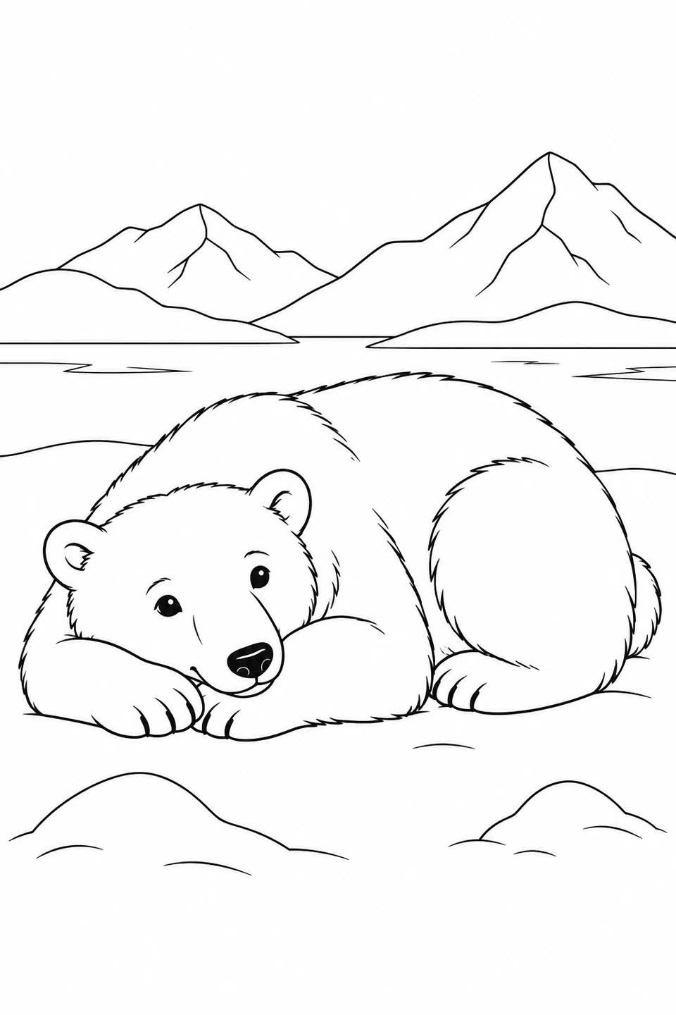 A polar bear curls up on snow and rests its head on its front paws.