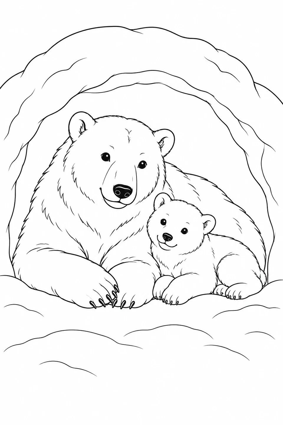 A large polar bear and a smaller one rest side by side at the curved entrance of a snow den.