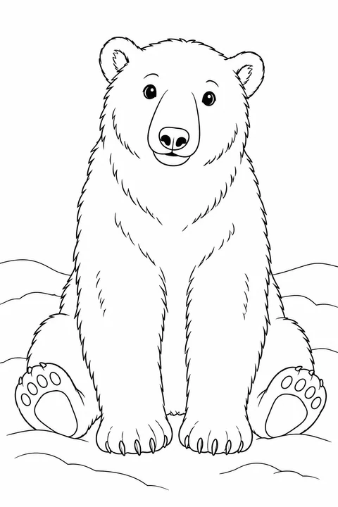 A polar bear sits facing you with its front paws down and hind paw pads visible.