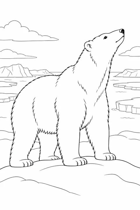 A polar bear lifts its nose into the air from a low snow ridge.