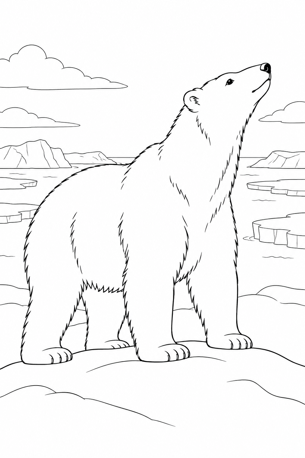 A polar bear lifts its nose into the air from a low snow ridge.