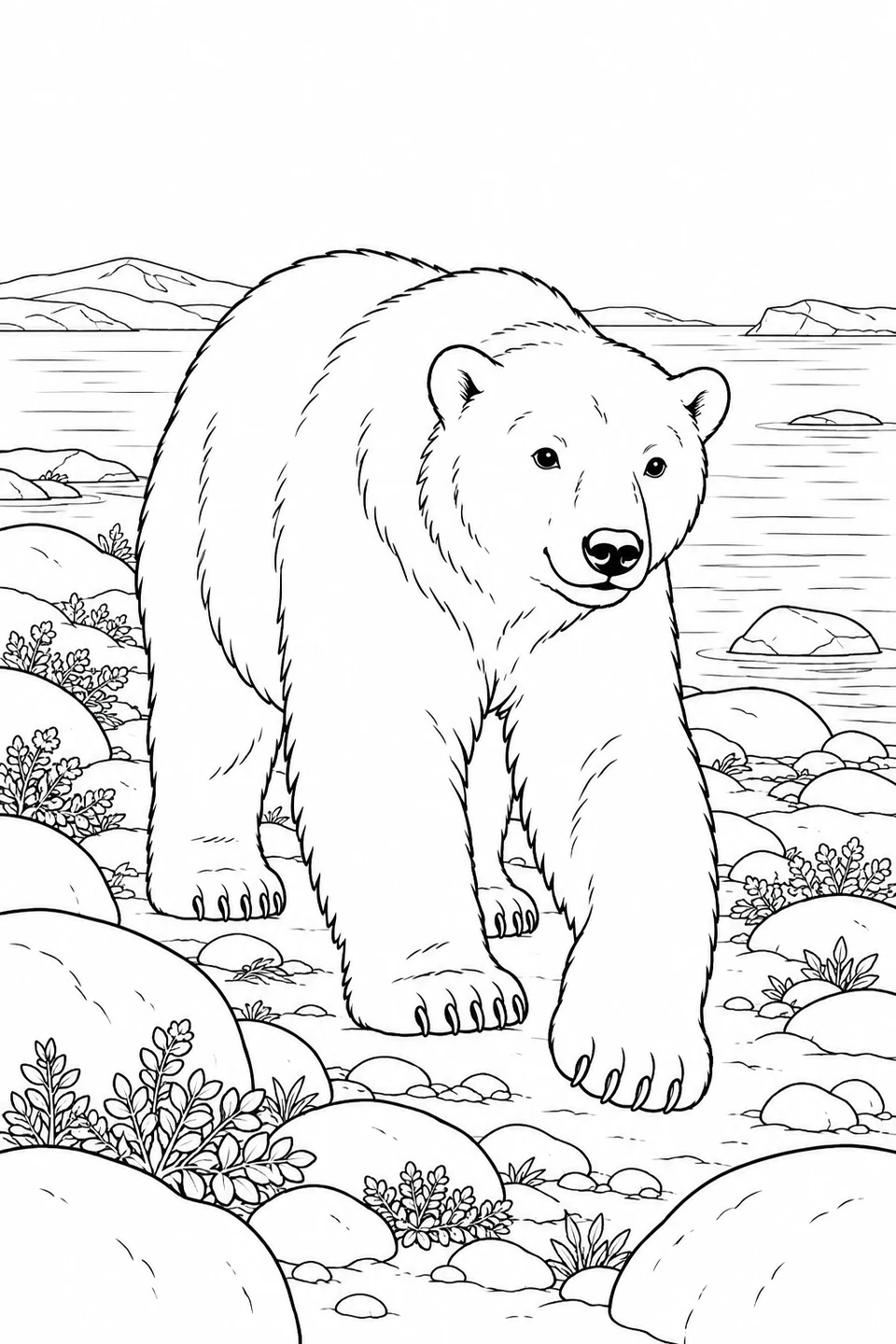 A polar bear walks along a rocky shore with rounded stones and low plants.