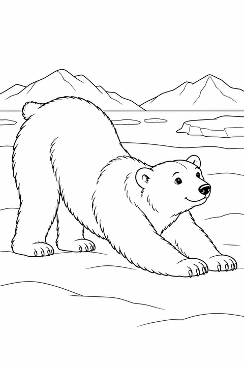A polar bear stretches its front paws forward while lifting its hindquarters.