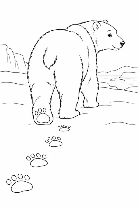 A polar bear walks away and looks back over a trail of paw prints in the snow.