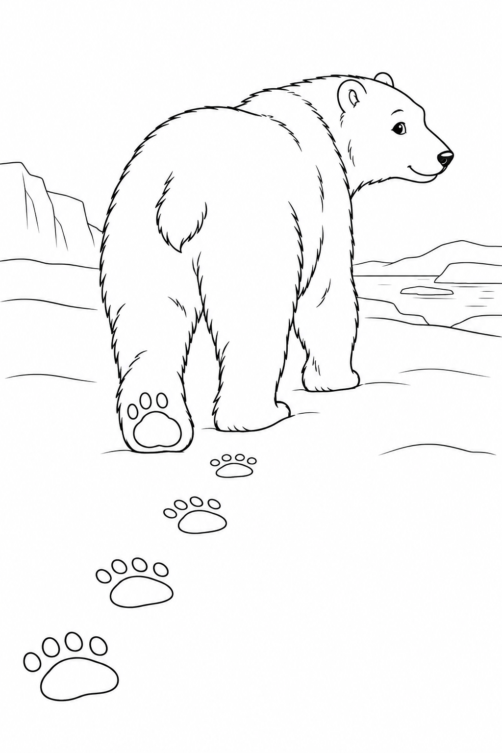 A polar bear walks away and looks back over a trail of paw prints in the snow.