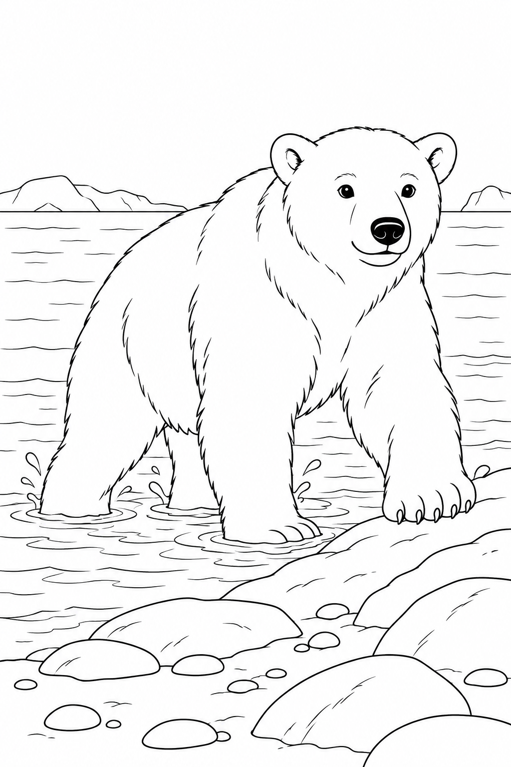 A polar bear steps from shallow water onto a gently sloping rocky shore.