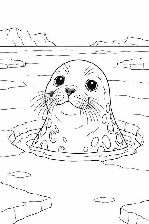 A seal lifts its head and upper body through a round hole in the ice.