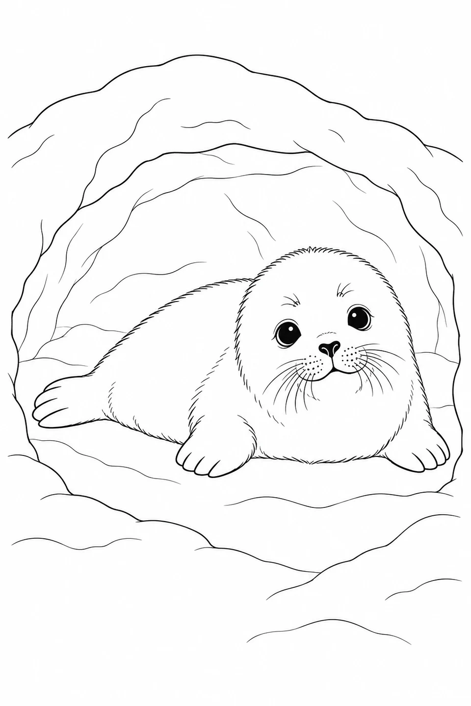 Una foca dal pelo soffice riposa nell’ampia apertura di un rifugio di neve.