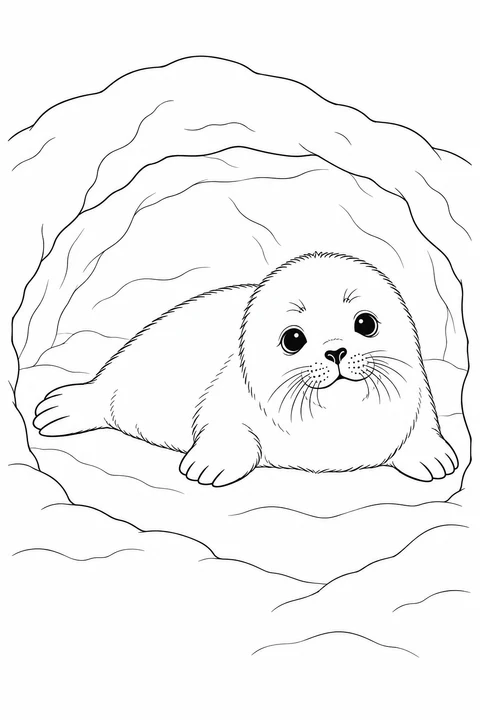 A fluffy seal rests in the wide entrance of a snowy shelter.