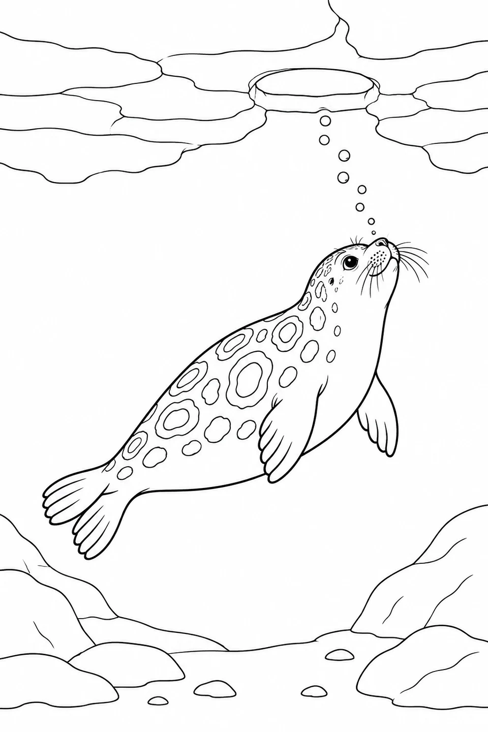 A seal with outlined ring markings swims beneath an ice sheet with an opening above.