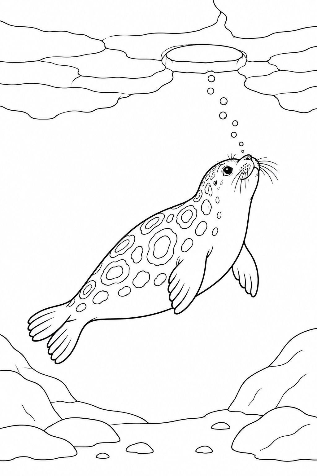 Una foca con anelli contornati nuota sotto una lastra di ghiaccio con un’apertura.