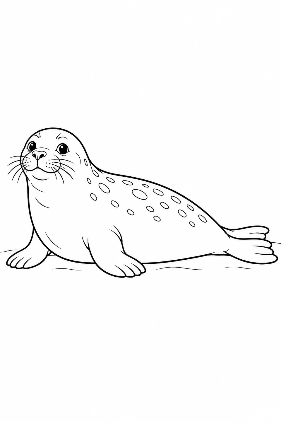 A seal rests in profile with whiskers, outlined spots and short front flippers.
