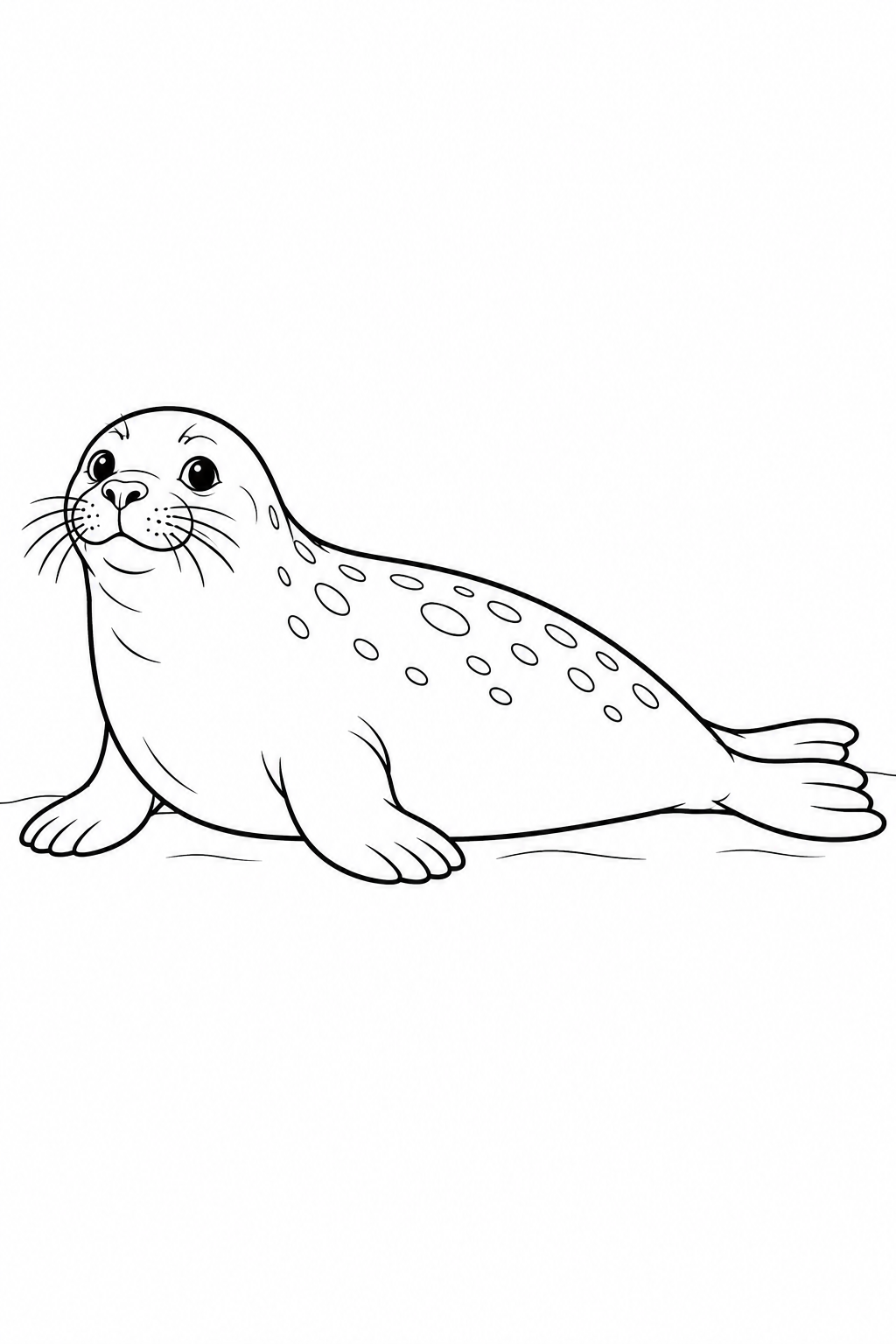 A seal rests in profile with whiskers, outlined spots and short front flippers.
