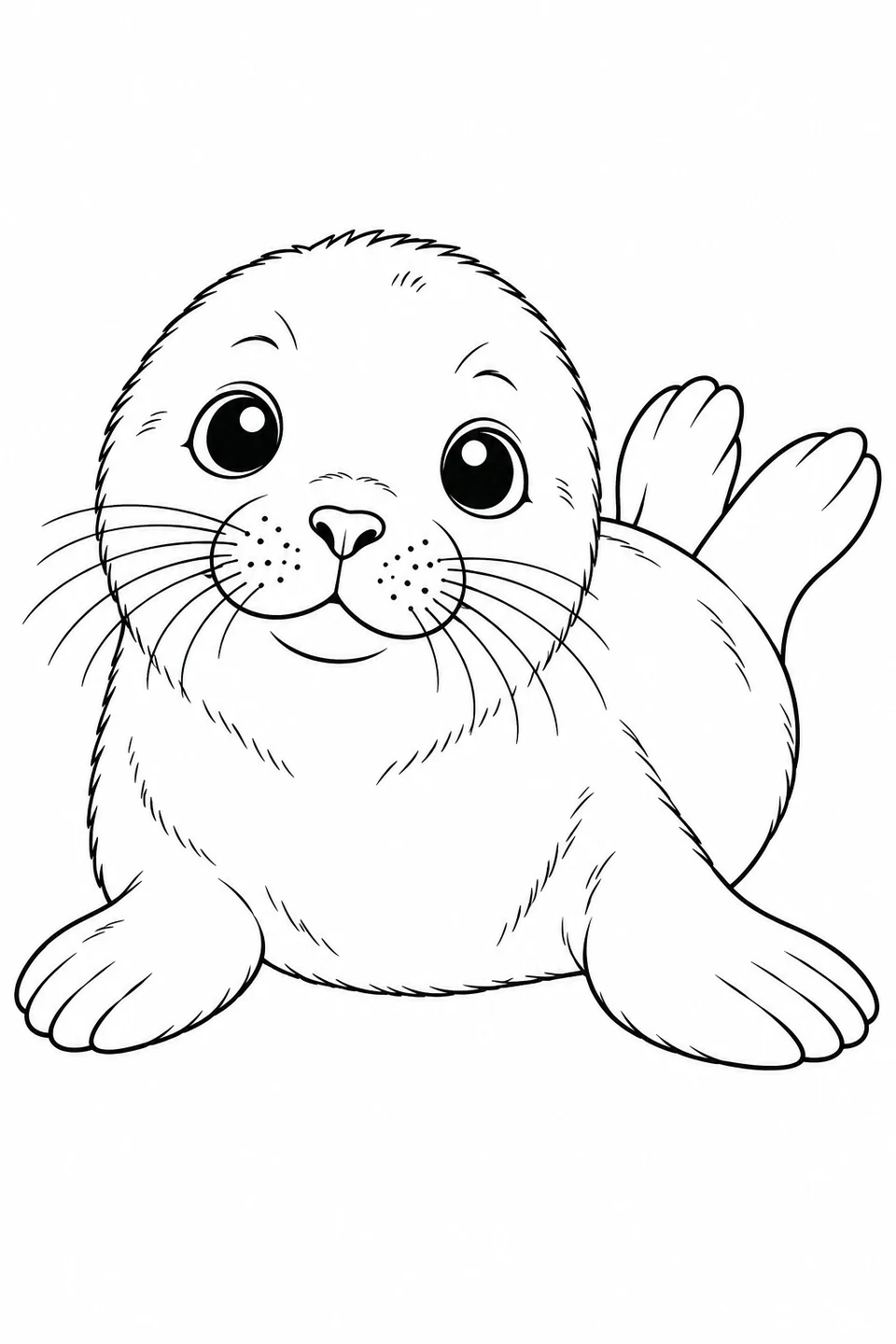 A seal faces forward with round eyes, whiskers and a furry outline.