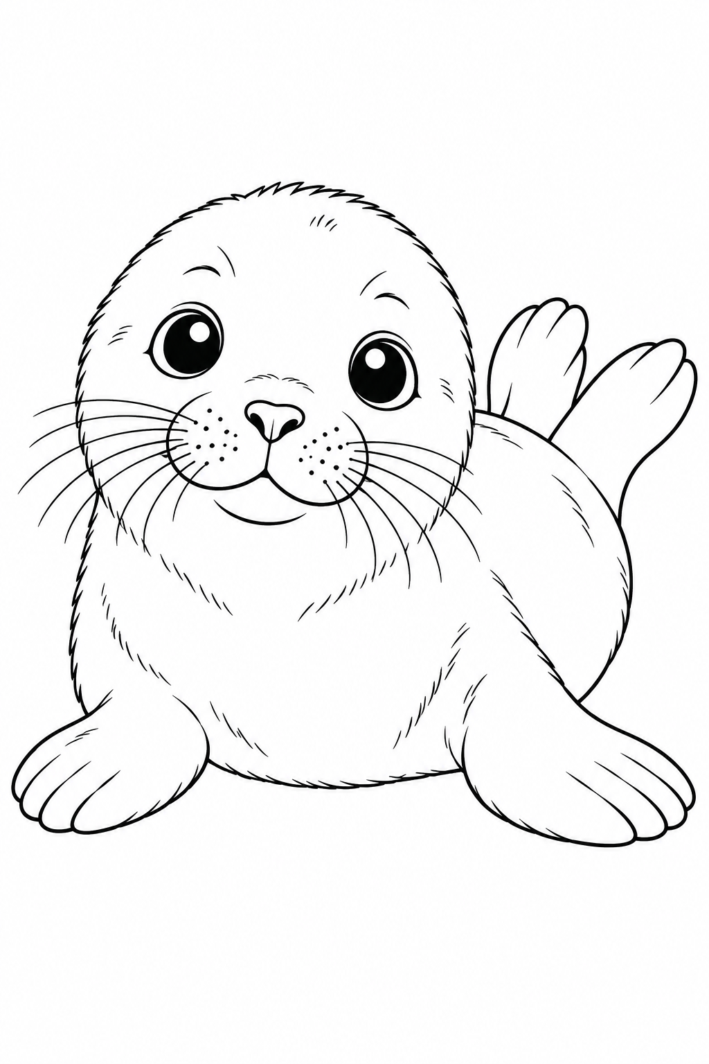 A seal faces forward with round eyes, whiskers and a furry outline.