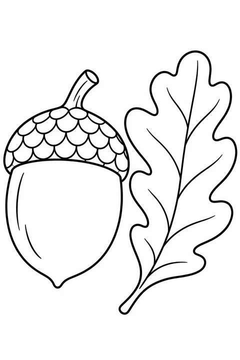 A large acorn rests beside an oak leaf, with broad spaces to color.