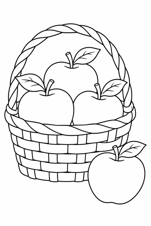 A wicker basket holds fresh apples, with another apple beside it.
