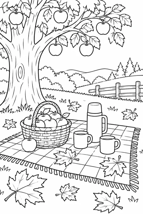 A picnic blanket, apple basket and mugs sit beneath an apple tree.