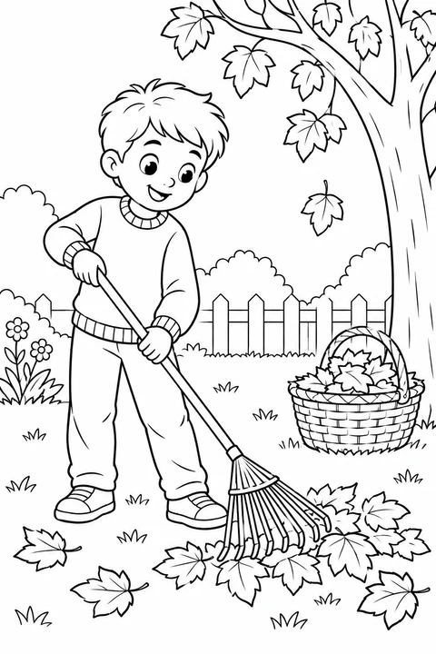 A child gathers fallen leaves with a rake in a little garden.
