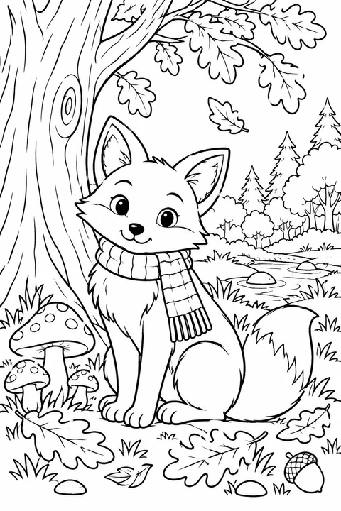 A friendly fox in a knitted scarf rests near mushrooms and fallen leaves.