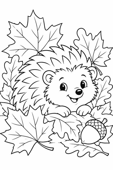 A friendly hedgehog nestles among maple and oak leaves with an acorn nearby.