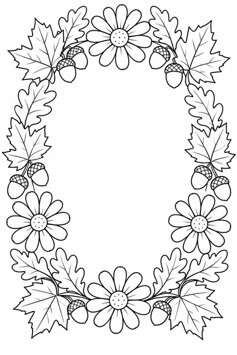 Maple leaves, oak leaves, acorns and simple flowers form an autumn wreath.