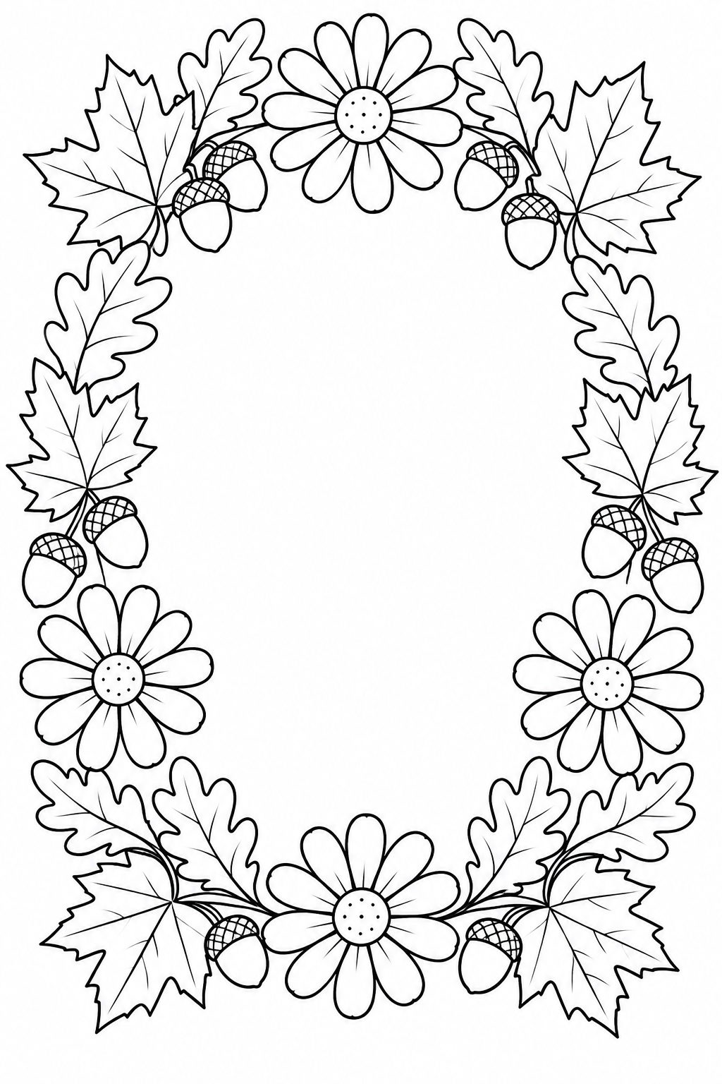 Maple leaves, oak leaves, acorns and simple flowers form an autumn wreath.