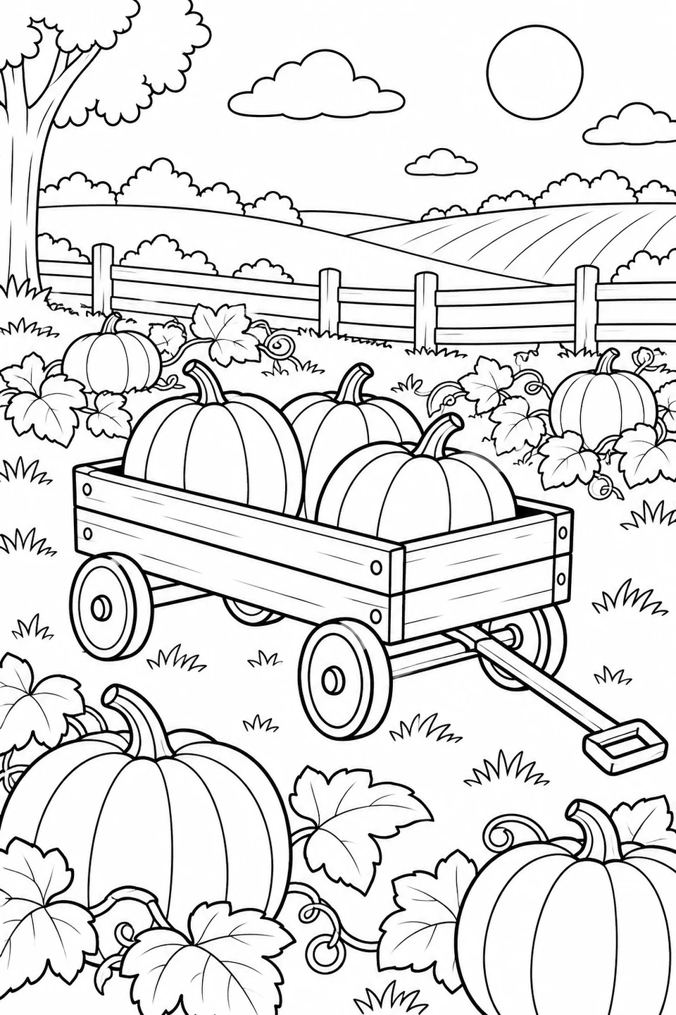 A wooden wagon carries pumpkins among vines, leaves and a low fence.